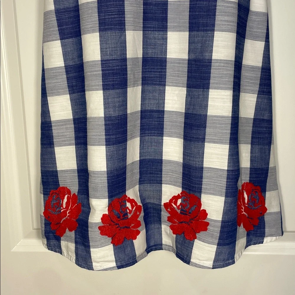 Janie and Jack Embroidery Floral Gingham Dress Size 7 Blue Red Sleeveless Ruffle
